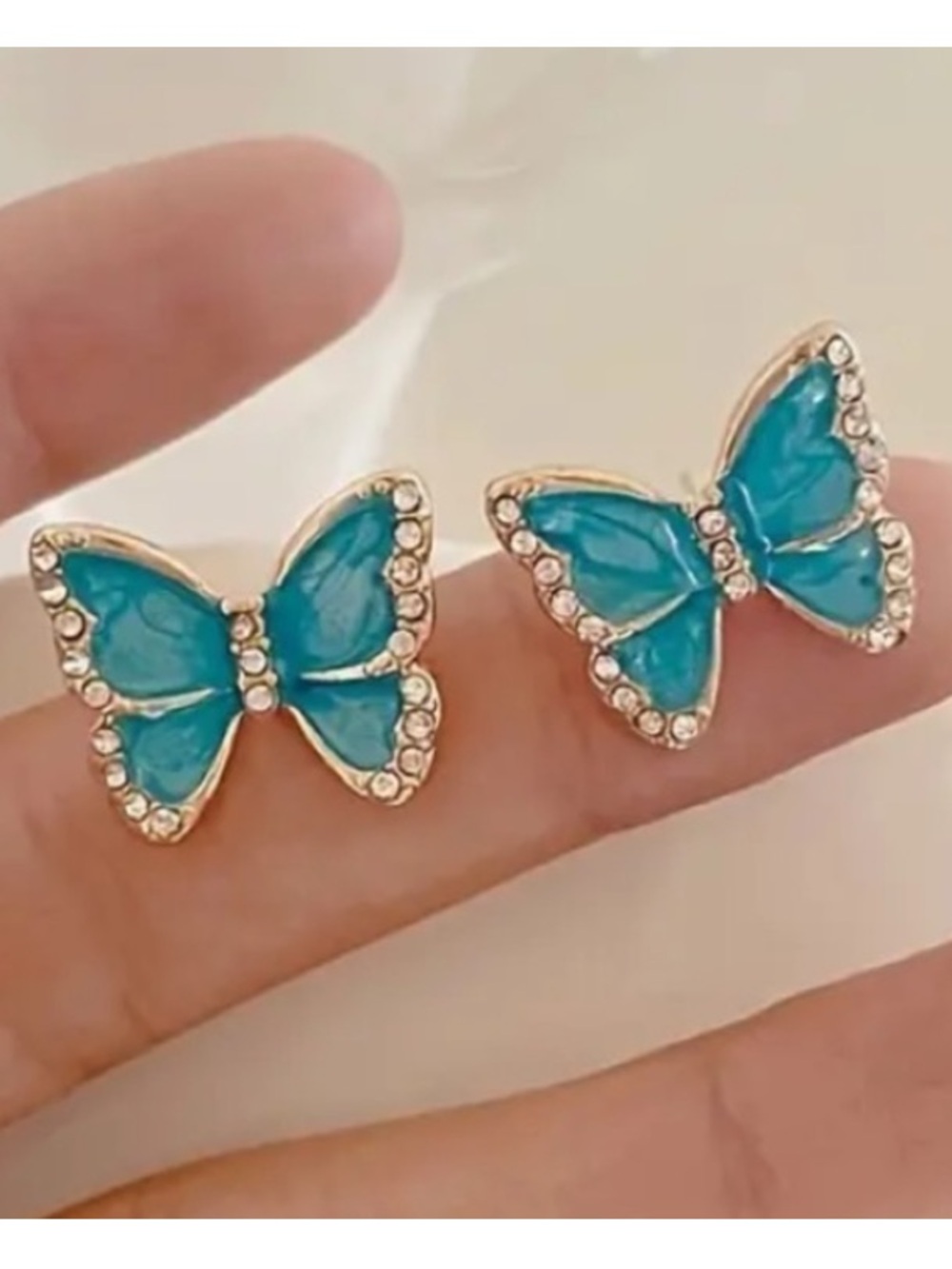 Swirly Blue Enamel Butterfly with Diamond Accents Stud Earrings